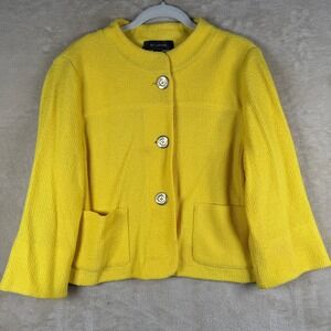 ST JOHN Yellow Textured Knit Blazer Womens Button Front Collarless Pockets Sz 10